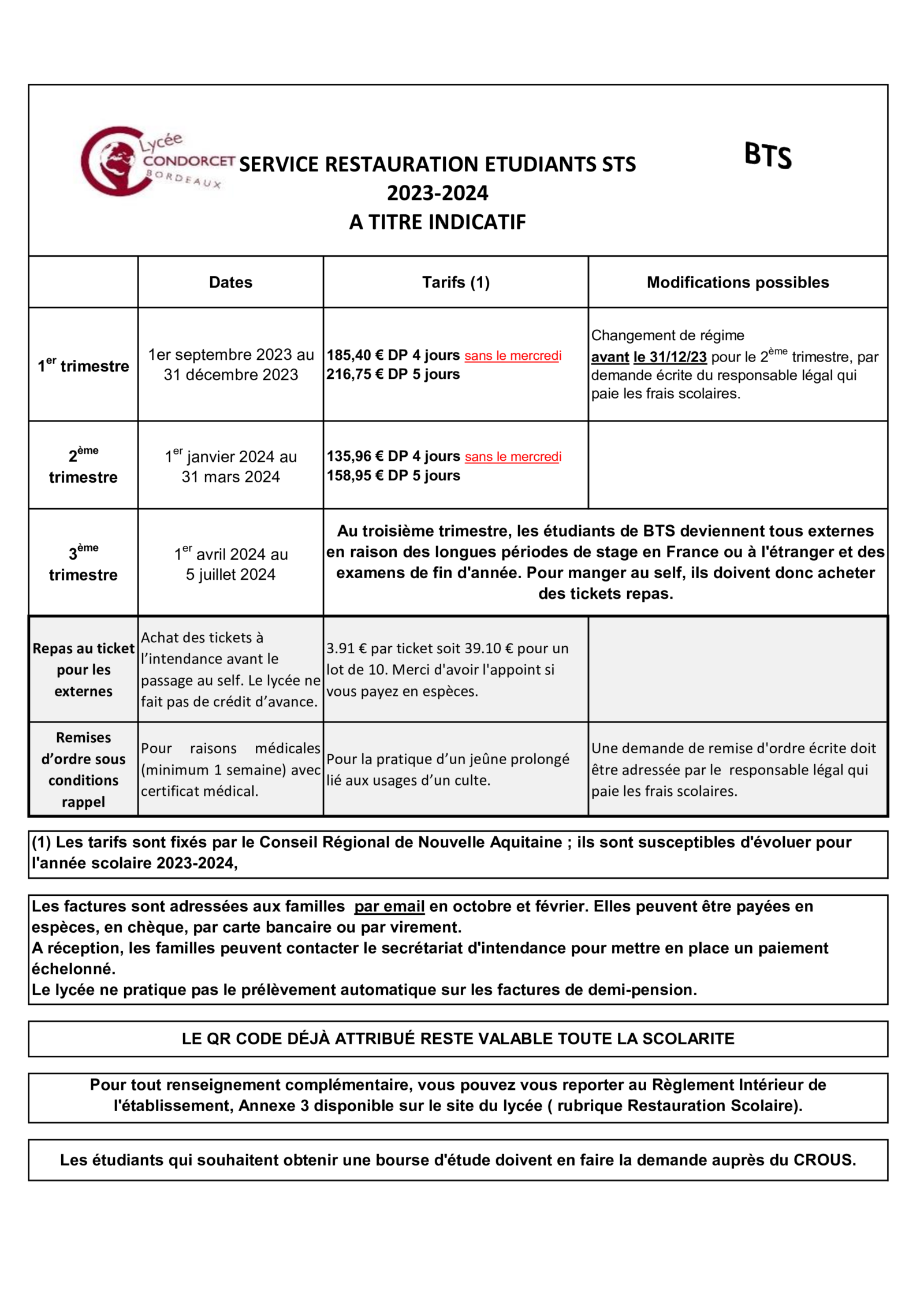 Tarifs restauration scolaire 20232024 Etudiants Lycée Condorcet